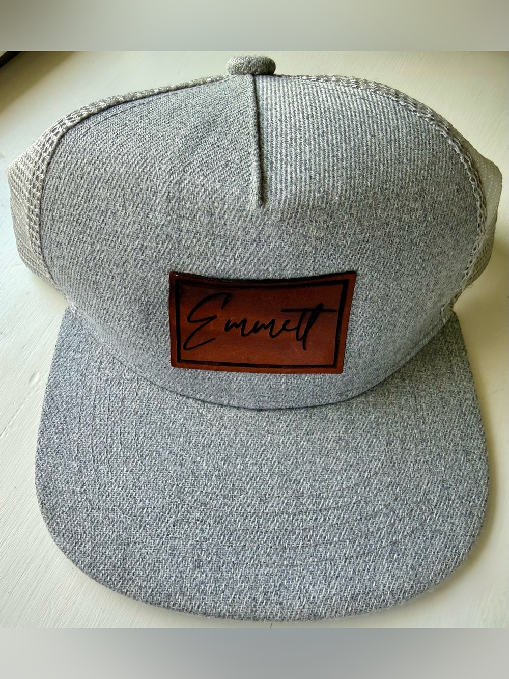 Toddler personalized custom “Emmett” leather patch hat infant 0-3 years mesh cap